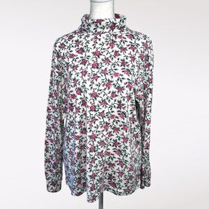 Vintage Basic Editions Floral Turtleneck Top White Pink Rose Print XL